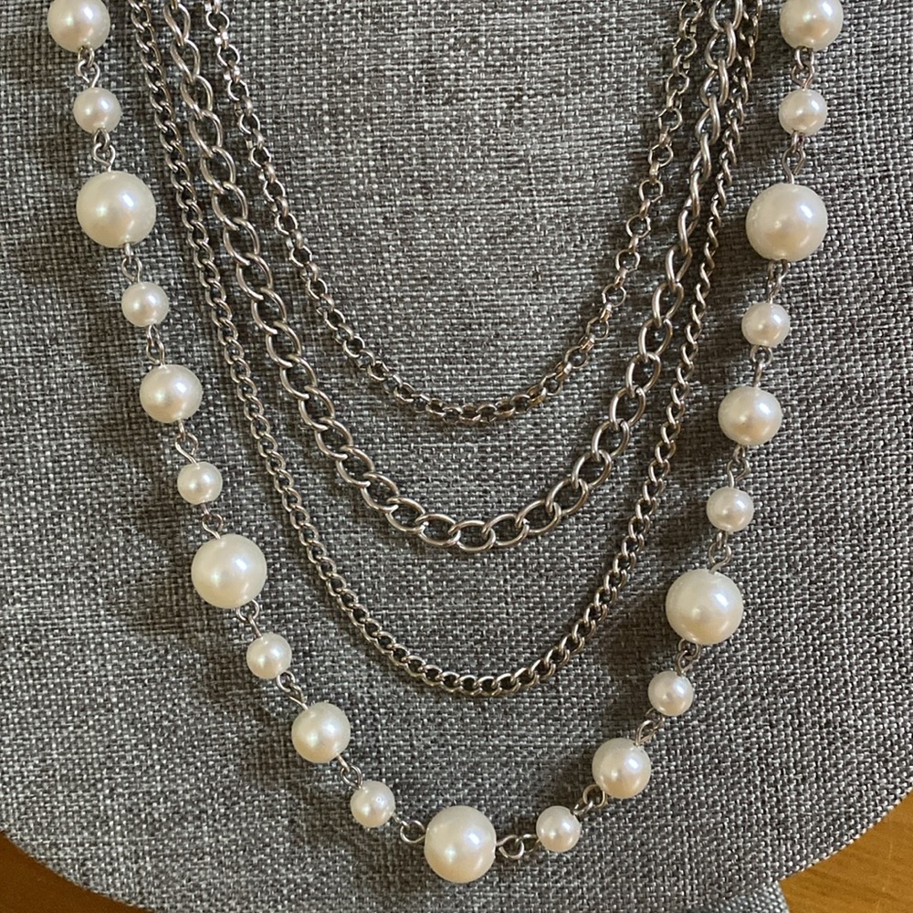 Long, Multi Strand Silver/Pearl Necklace